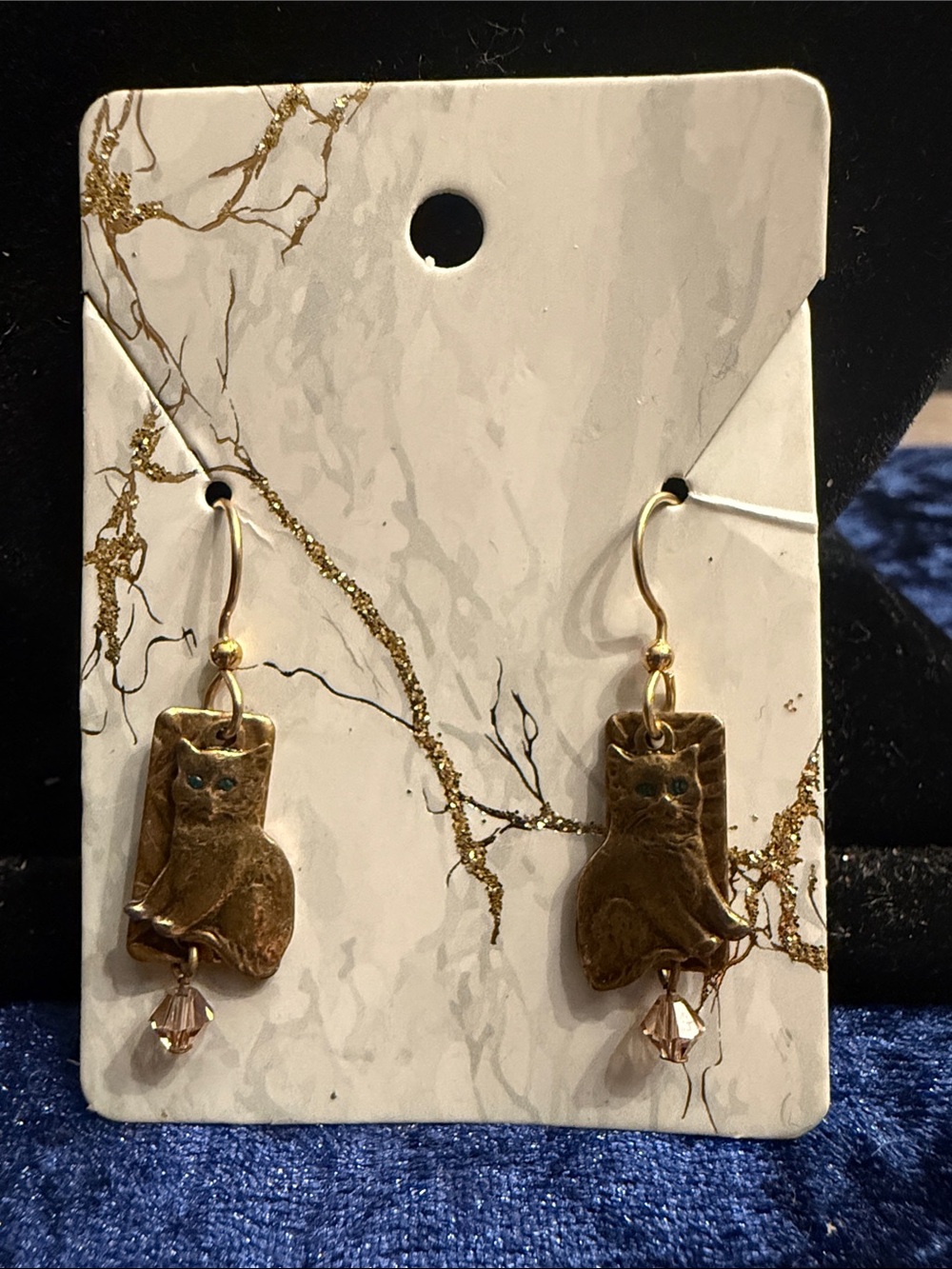 Silver forest blue eye cat earrings with crystal gold toe pierced